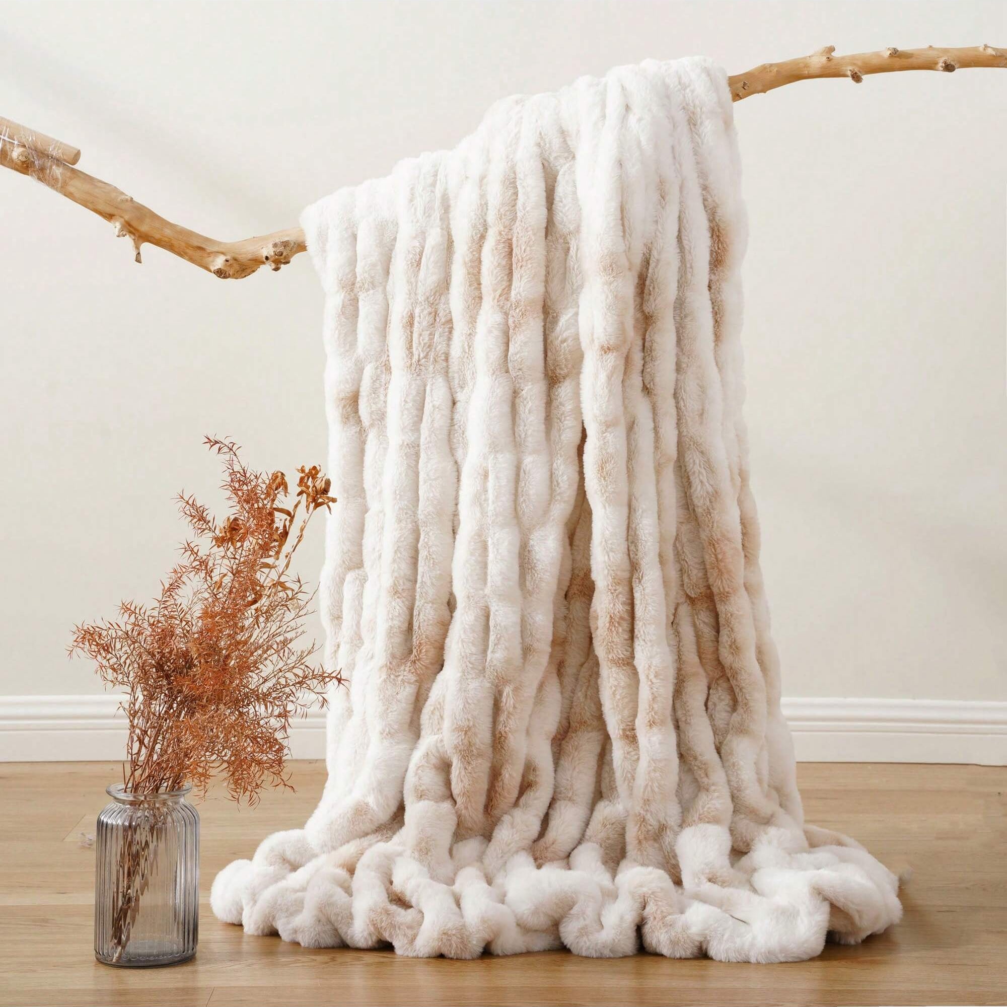Battilo Ruched Faux Fur Throw Blanket,Beige Rabbit Faux Fur Blanket for Couch, Living Room,50"x60"