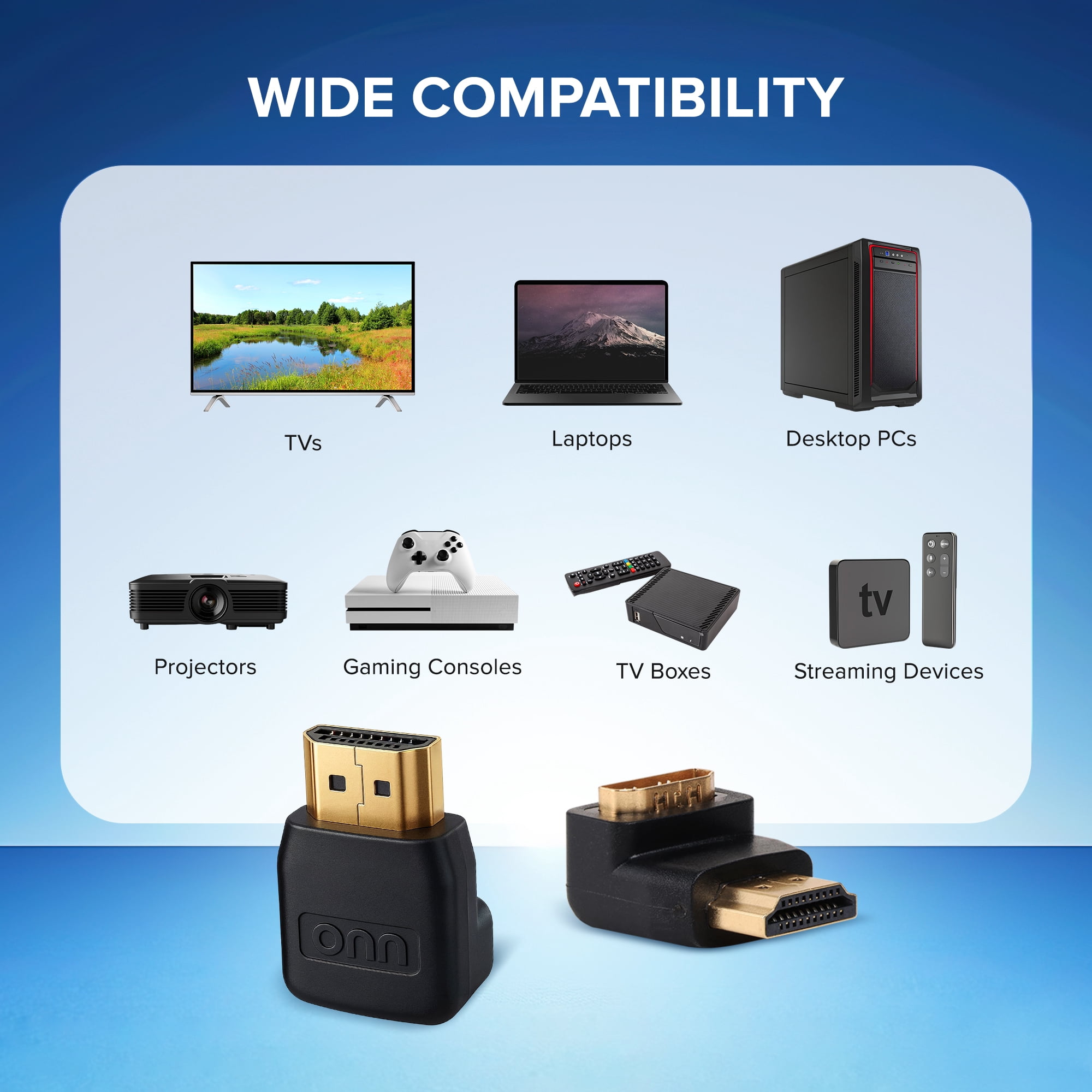 onn. HDMI Right Angle Adapter, 90° & 270° Male-to-Female HDMI Connectors, 4K -  60Hz, 18 Gbps, 2 Pack, Gold-Plated