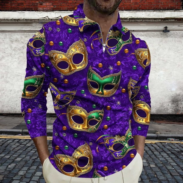 Ceisia Men's Slim-Fit Long-Sleeve Zip Polo Shirt with Mardi Gras Mask All-Over Print Gift