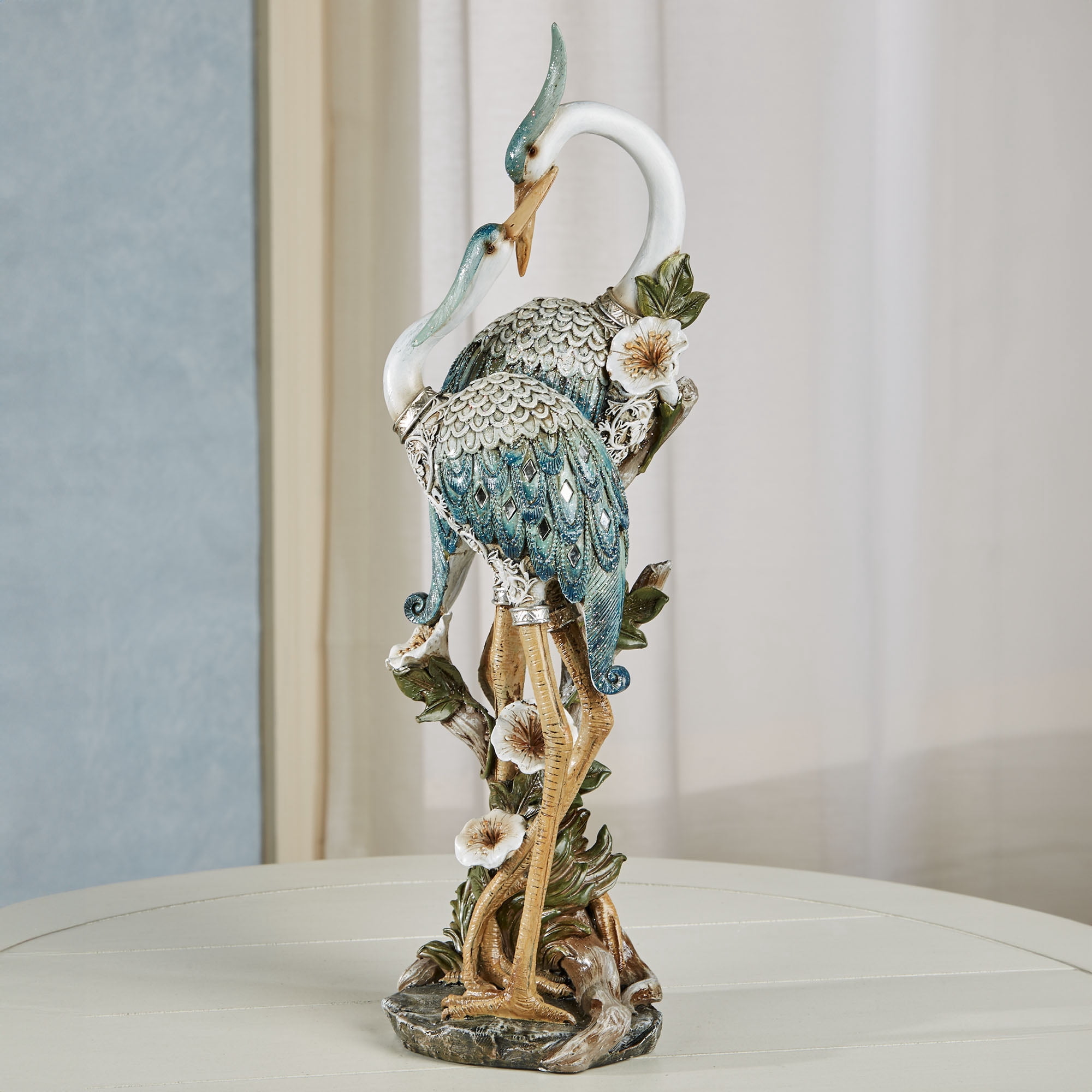 Devoted Cranes Table Sculpture Teal - Made of Resin Coastal Shorebirds - Diamond Mirror Insets, Glitter Accents - Flowers, Vining Leaves Base - Measures 5 Inches Wide, 16 Inches High