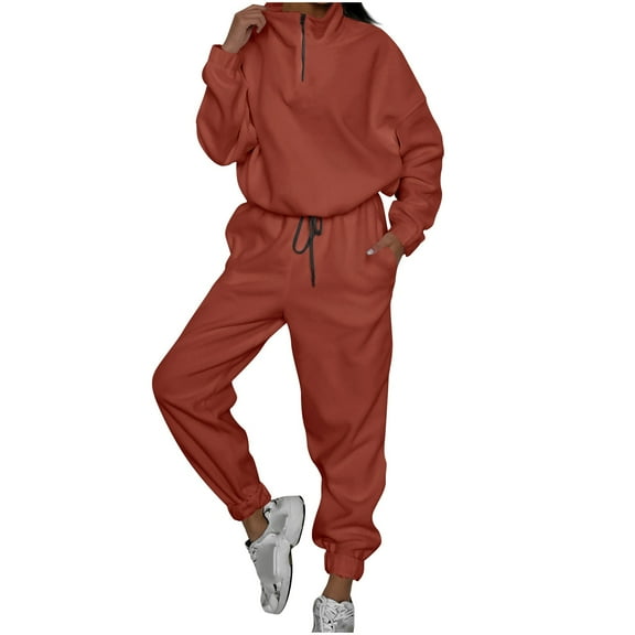 ibuvkizy Two Piece Sets for Women Fall and Winter Fashion Casual Loose Zipper Collar Sweater Two-piece Set Long-sleeved Round Neck Blouse/shirt Set Wine,S