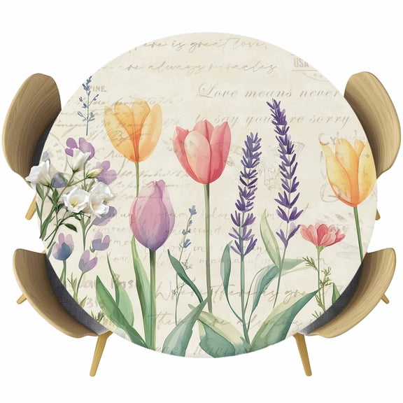 Spring Floral Table Cloth, Round Fitted Tablecloths with Elastic Edge, Summer Colorful Tulip Botanical Vintage Wipeable Waterproof Table Cover for Kitchen Wedding 36-44 Inches