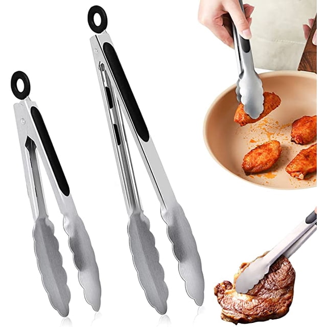 2 piezas Pinzas para barbacoa de acero inoxidable Pinzas para carne 21,4/26,7 cm antideslizantes Pinzas para servir resistentes al calor Pinzas para repostería sin BPA para asar alimentos