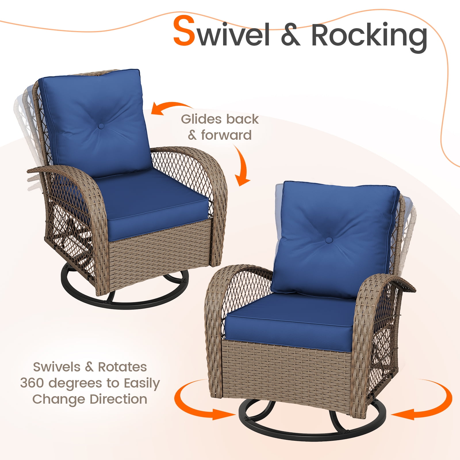 MRUAKA 3 Pieces Patio Furniture Set, Outdoor Swivel Gliders Rocker, Wicker Patio Bistro Set w Rattan Rocking Chair, Glass Top Side Table Thickened Cushions for Porch Deck Backyard (Navy)