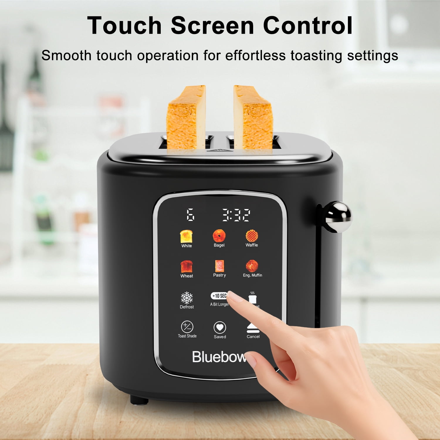 Bluebow 2-Slice Toaster, 1.5" Wide Slots, Touchscreen with 6 Bread Types & Shade Settings, Reheat, Defrost, Saved, Removable Tray, Black