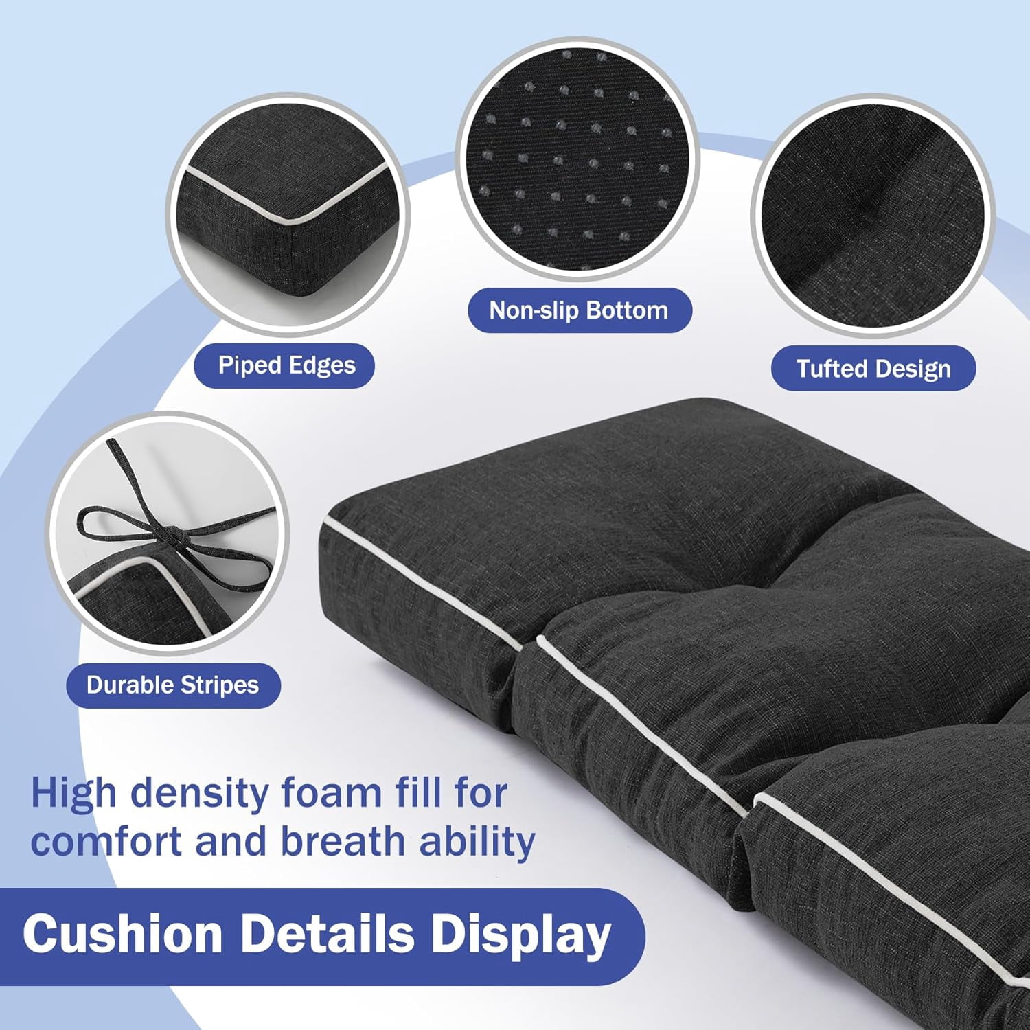 Bench Cushions for Outdoor Furniture, 42 x 16 Inch Outdoor Bench Cushion, Patio Bench Cushion with Durable Ties, Long Patio Seat Cushions for Garden, Indoor, Kitchen&Dining, Black