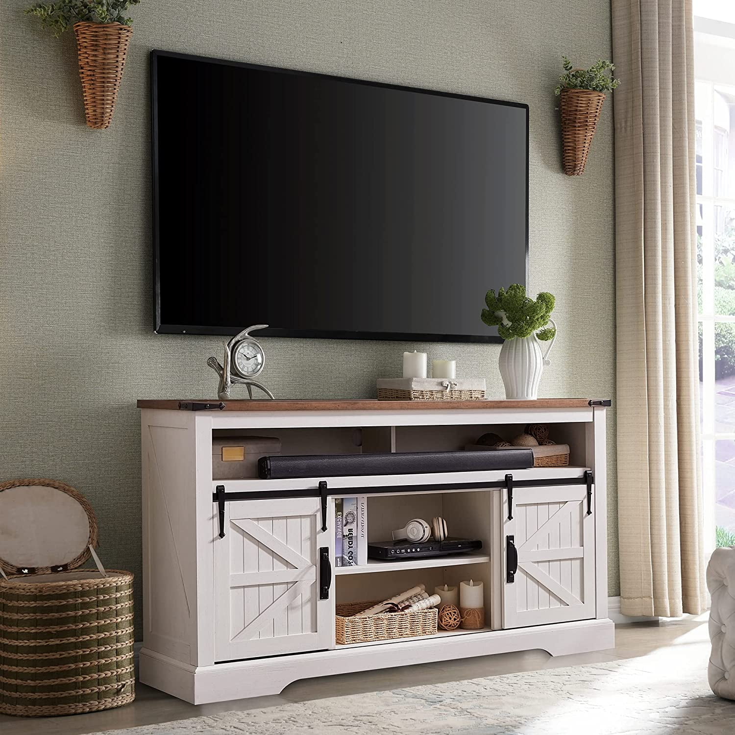OKD Farmhouse TV Stand for TVs up to 70", Rustic Console Entertainment Center Television Table with Adjustable Shelf for liveing Room, Antique White