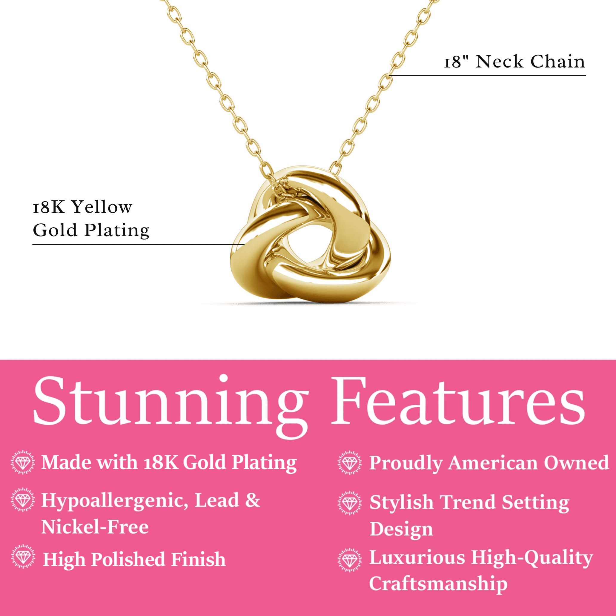 Cate & Chloe Ashley 18k Yellow Gold Plated Knot Pendant Necklace, Gift for Women