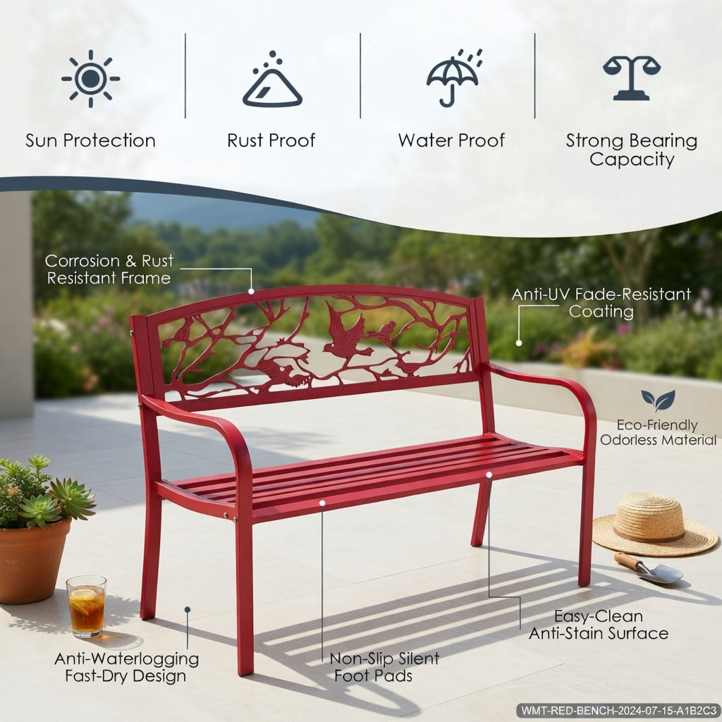 Hommoo Steel & Cast Iron Outdoor Garden Bench for Patio, Yard, Deck or Park, with Ergonomic Backrest and Armrests, Red