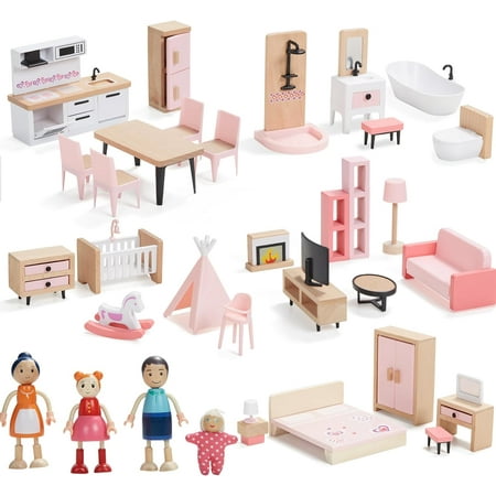 36pcs Pink Wooden Dollhouse Furniture Accessories with 4 Family Dolls Play Toy for Girls Boy Toddler