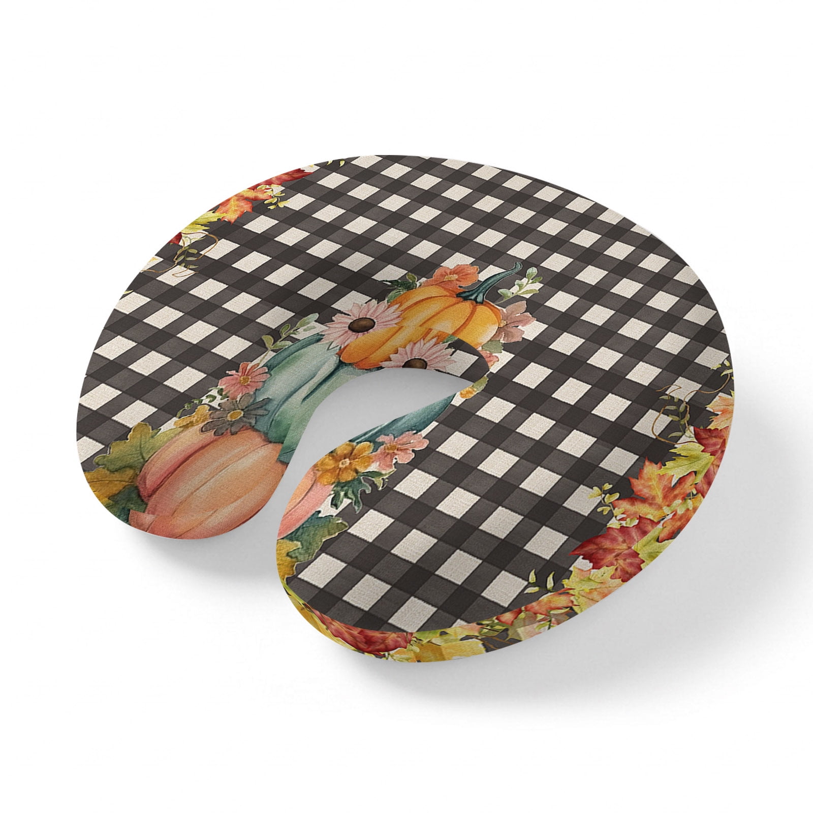Neck Pillow Memory Foam U Shaped Pillows Thanksgiving Pumpkin Fall Flower Watercolor Maple Soft Portable Neck Head Support Cushion Pillow for Travel Airplane Car Office Black Checker Retro Linen
