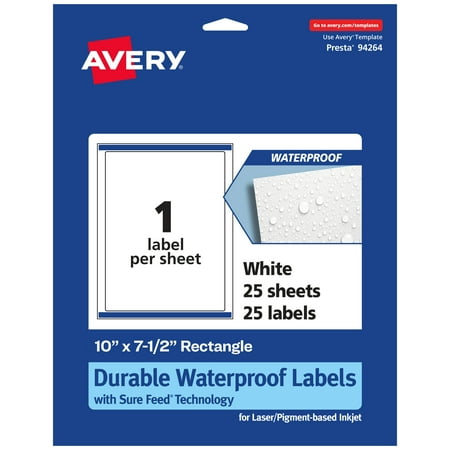UPC: 0194793910483 | Avery Durable Waterproof Rectangle Labels with Sure Feed  10  x 7.5   25 Oil and Tear-Resistant Waterproof Labels  Laser/Pigment-Based Inkjet Printable Labels