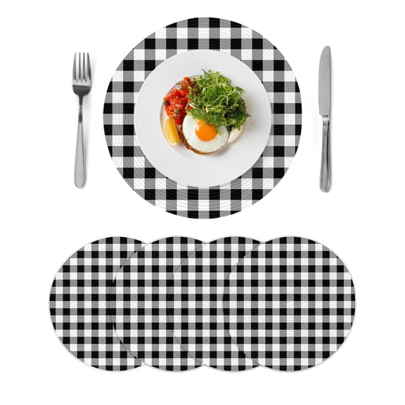 Farmhouse Checkered Round Placemats Set of 4 for Dinning Tables,Heat-proof Braided Table Mats 15 Inch,Black White Buffalo Plaid Washable Place Mat for Kitchen Restaurant Party Decor Table Setting