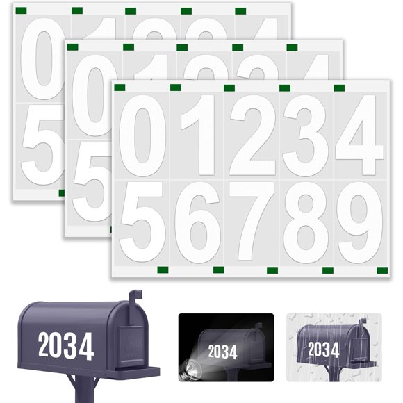 shiyou-Reflective Mailbox Numbers Sticker, 3 Sets Large 0-9 Self Adhesive Vinyl Waterproof Number Sticker for Outside, Signs, Windows, Doors, Cars, Trucks, Address Numbers for House (3" * 3, white)