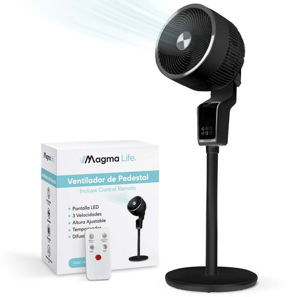 Magma Life Ventilador de Pedestal 50W, Control Remoto, Pantalla LED, 3 Velocidades, Temporizador 12H, Difusor de Aroma, Oscilación e Inclinación 90°, Altura Ajustable, Enfriamiento Silencioso (Negro)