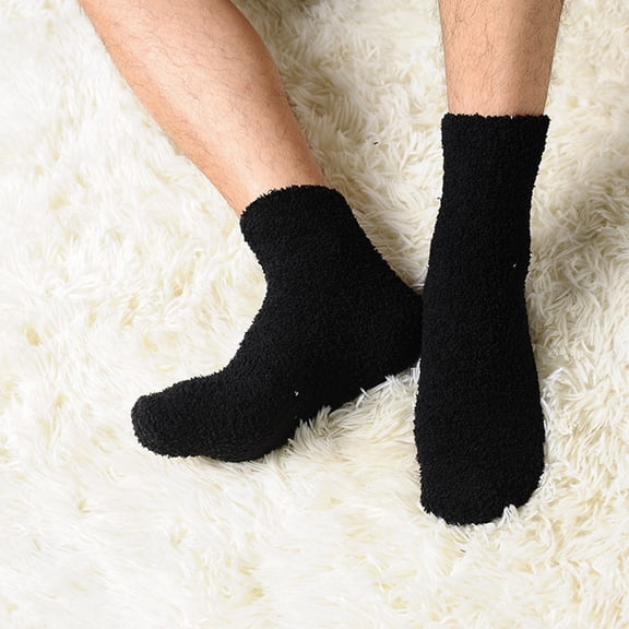 Omeite Solid color socks men's coral fleece thick warm sleeping socks 3 pairs (black one size)