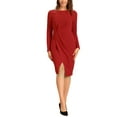 thumbnail image 2 of INSPIRE CHIC Boat Neck Dress for Women's Long Sleeves Ruched Wear to Work Midi Split Sheath Dress S Red, 2 of 5