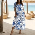 thumbnail image 2 of XUNKUSGA Boho Dresses for Women Fashion Floral Print Maxi Dress Casual Cotton V Neck Short Sleeve Split Sun Dresses Women with Pockets for Beach,Blue,S, 2 of 7