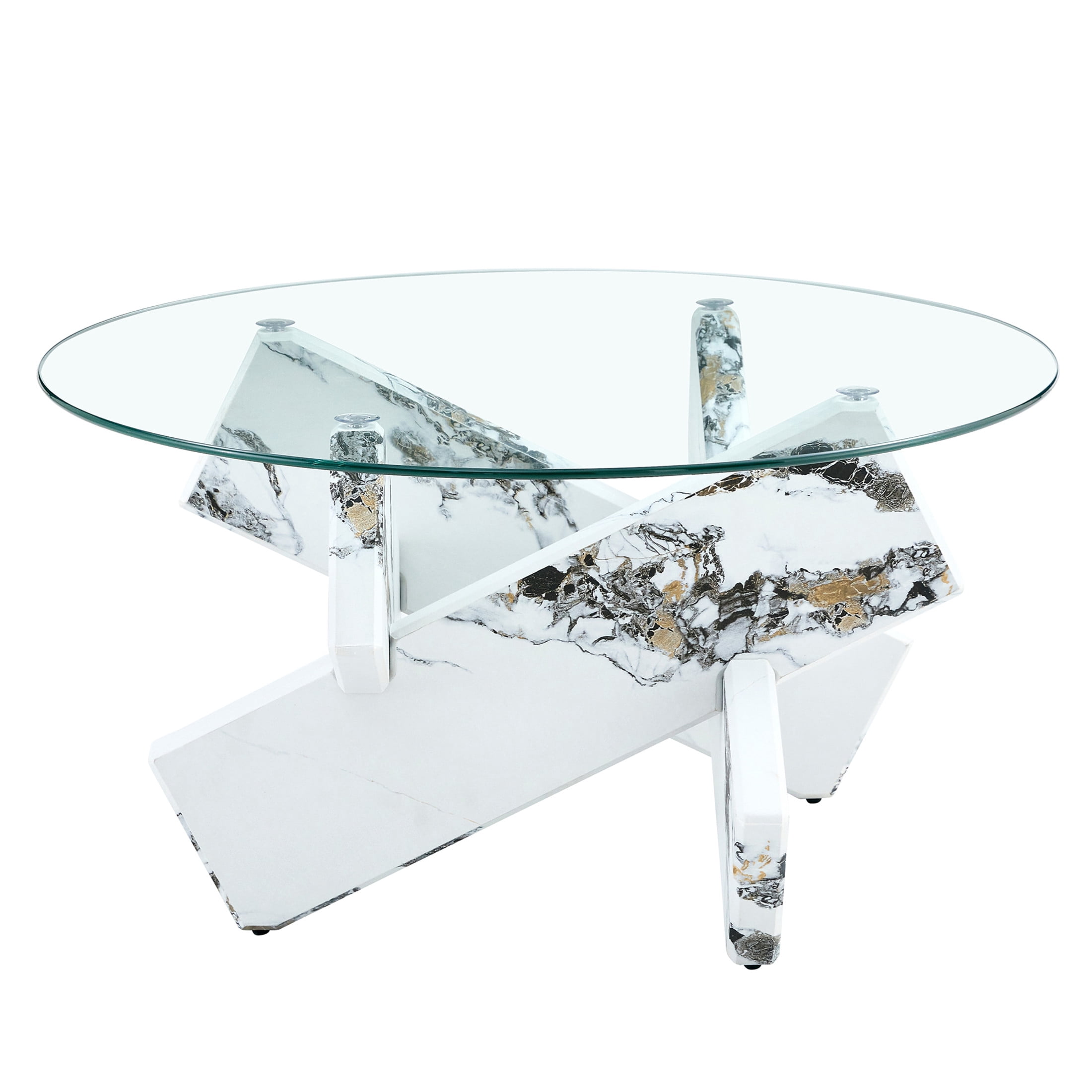 Noble House 33.4" Modern Round Glass Coffee Table, Tempered Top, Marble Patterned MDF Legs, Clear & White