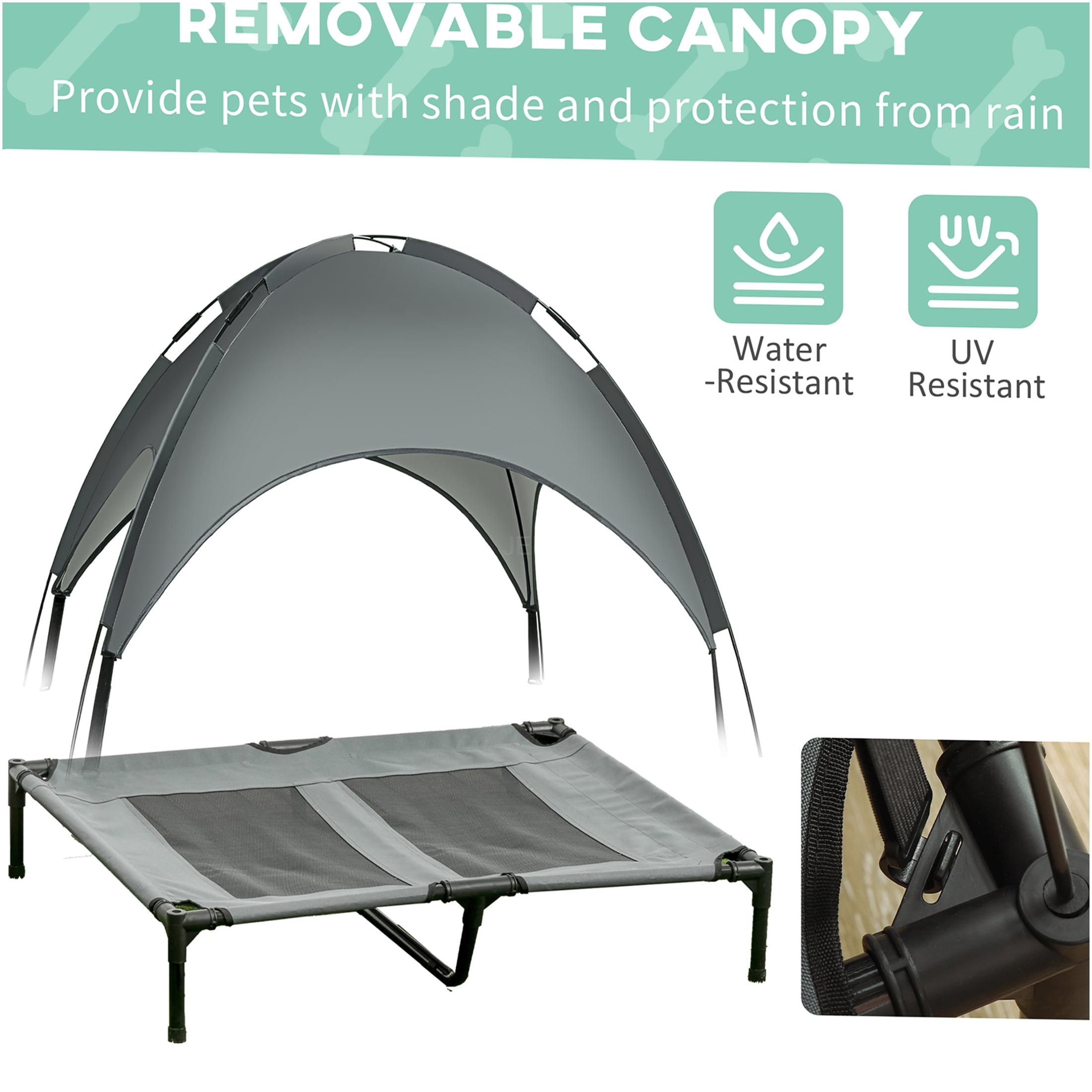 JERFIT 36" Elevated Dog Bed with Canopy, Portable Outdoor Pet Cot, Cooling Raised Mesh Bed for Large Dogs, UV Shade, Gray