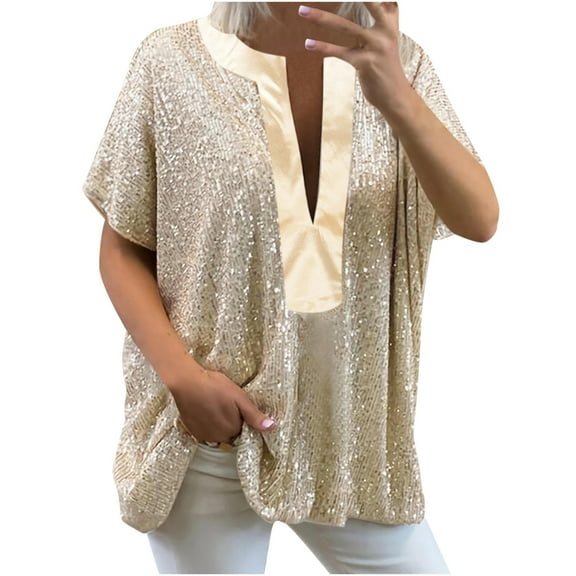 50% Off Clear! asdoklhq 2025 Womens Plus Size Clearance Women Short Sleeve Sequins Loose Polluer Solid V-Neck Blouse Shirt Tops Gold XL