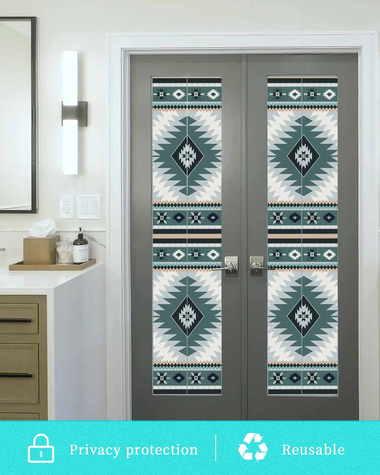 Window Privacy Film Teal Gray Boho Stained Glass Window Film Decorative Sun Block Window Cover Southwestern Ethnic Abstract Geometric Window Clings Static Adhesive Sticker for Bathroom 23.6"x78.7"