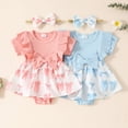 thumbnail image 3 of Faraee Baby Girl Clothes Newborn Ribbed Romper Dress Ruffle Short Sleeve Bodysuit Infant Bowknot Summer Outfit with Headband Pink 6-12 Months, 3 of 5