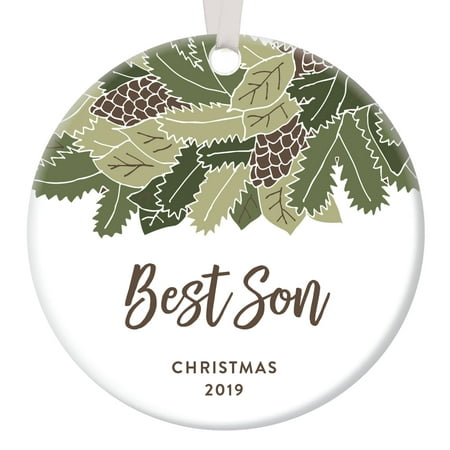Best Son Christmas Ornament Dated 2019 Holiday Keepsake for Mom & Dad's Grown Male Child Birthday Present for Men Newborn Baby Boy Shower Gifts Rustic Woodland Floral Ceramic 3