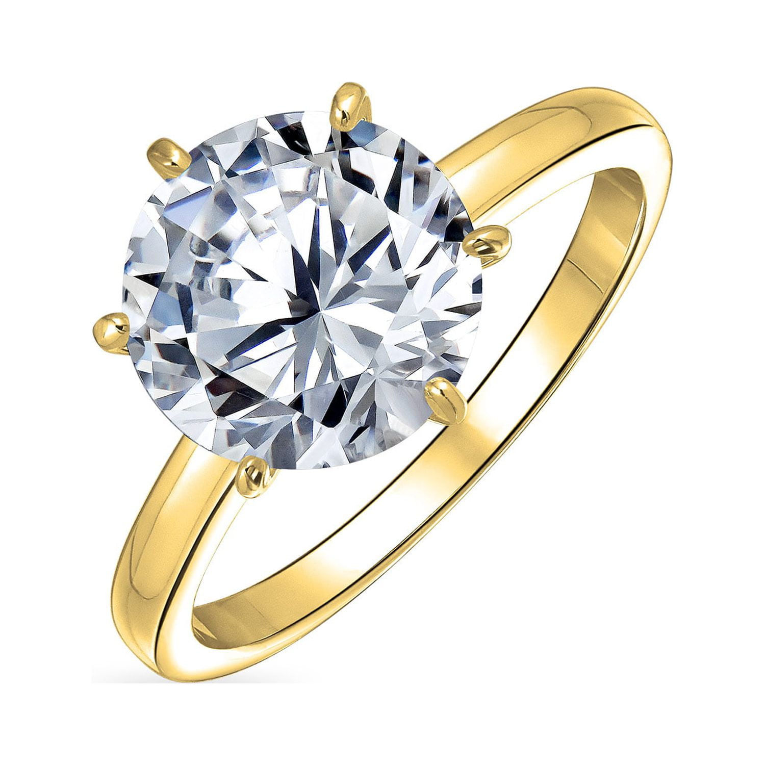 Personalize Classic Timeless Cubic Zirconia 3CT AAA CZ 6 Prong Setting Round Brilliant Cut Solitaire Engagement Ring for Women Thin 2MM Band .925 Sterling Silver Yellow Gold Plated Customizable Walmar...