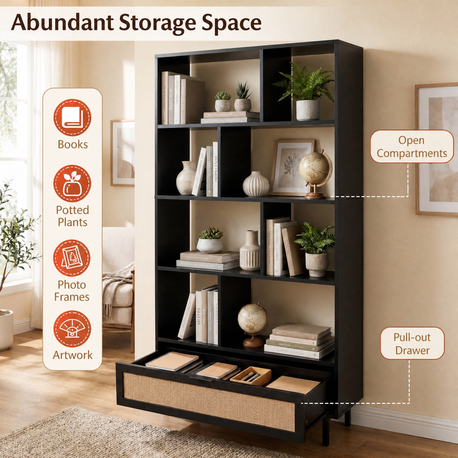 Furnibear 64 inch 6-Tier Tall Wooden Bookcase with 8 Open Cubes for Living Room Home Office Bedroom Display Storage Shelf, Black