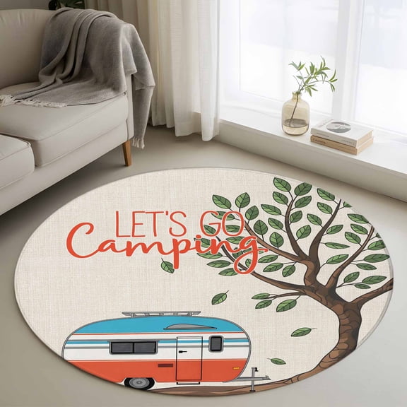 Let's Go Camping Round Area Rug 3.3Ft Washable Circle Rugs for Dining Room Table, Modern Camper Van Trees Burlap Rustic Non-Slip Carpet Floor Mats Indoor Outdoor Carpet Runner Aesthetic Home Decor