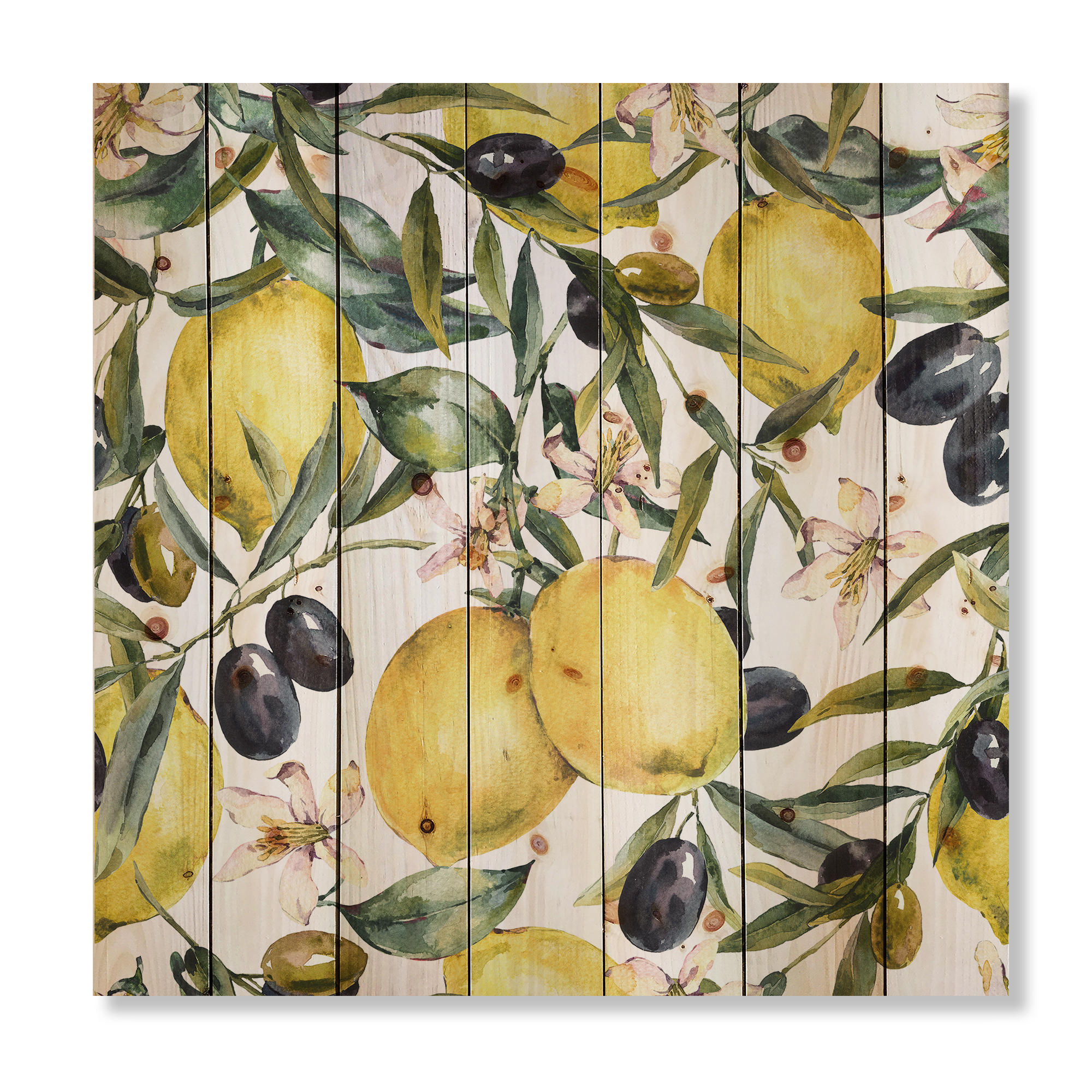 Designart 'Olive and Lemon Branches I' Tropical Print on Natural Pine Wood