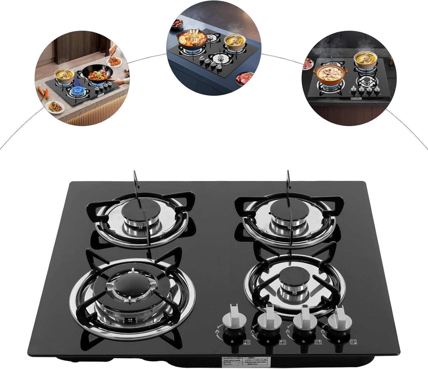 Gas Cook-top Gas Stoves,4-Burners Built-in Countertop Gas Stove NG/LPG Gas Hob Kitchen Cooker Built-In Cook Stove Tempered Glass Electronic Ignition Stove