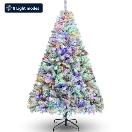 Funcid 6ft Christmas Tree Pre-lit Flocked Christmas Tree 8 Adjustable Flash Rate Modes  Artificial Christmas Tree with 250 Colorful Lights  640 PVC Branch Tips  Foldable Metal Stand  Hinged Branches