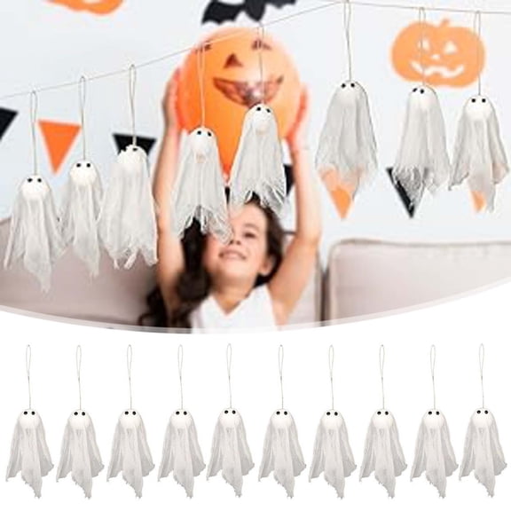 10 Pcs Halloween Mini Ghost Hanging Ornaments,Small White Cloth Sheet Ghosts With Black Dot Eyes, Fabric Phantom Decor For Yard Garden Pub Classroom Living Room Party