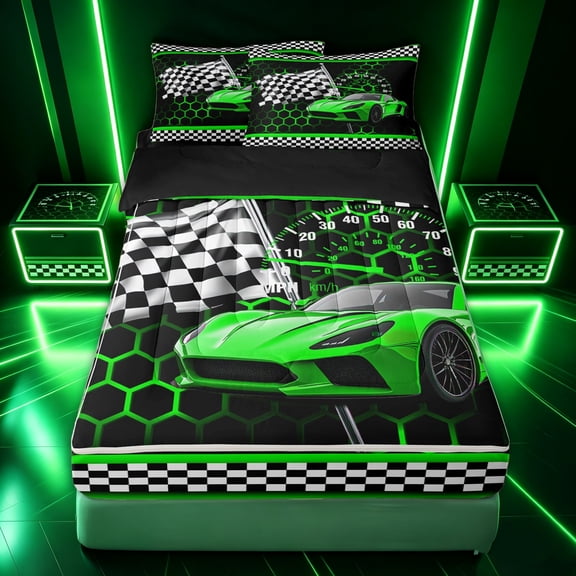 Erosebridal Racing Green Supercar Zipper Twin Comforter Sets with Fitted Sheet and 2 Pillowcases for Boys, Black Hexagon Checkered Flag Zipper Bedding Set, Black Reversible, 4pcs