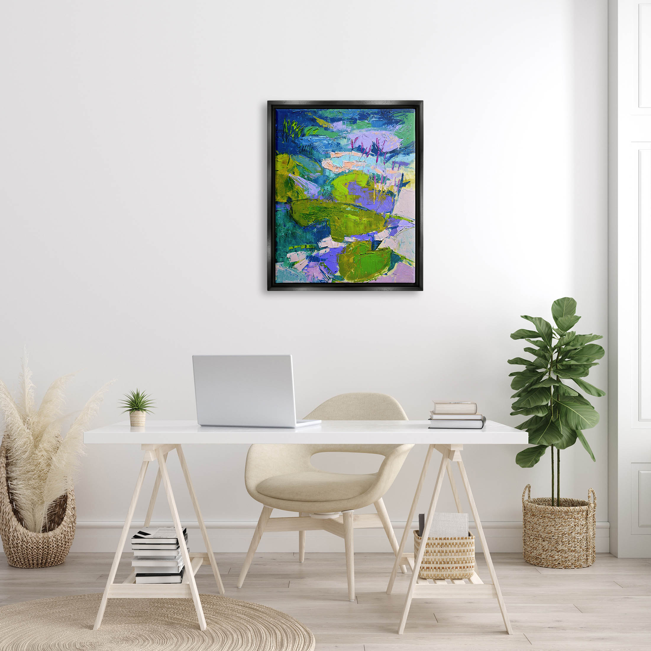 Stupell Industries Vivid Pond Lily Lotus Flowers Floating Painting Jet Black Floating Framed Canvas Print Wall Art, Design by Dorothy Fagan