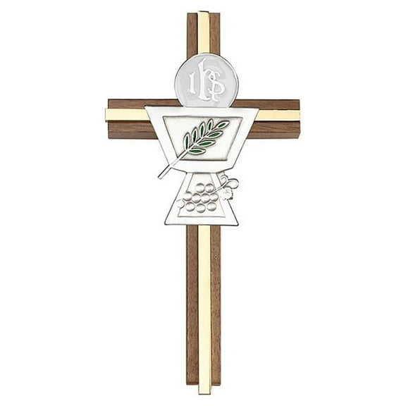 6 inch Enameled Communion Chalice Cross, Walnut w/ Antique Silver inlay