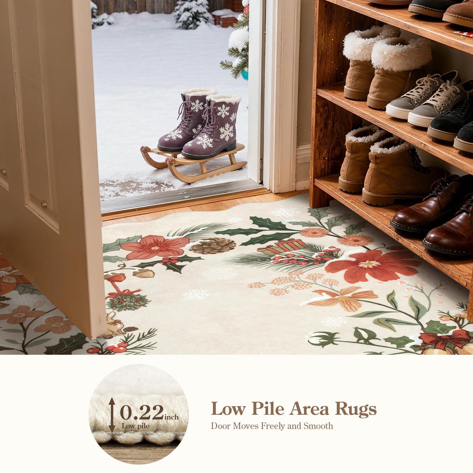 Moynesa 5'x7' Christmas Rug for Living Room, Xmas Tree Floral Rug Washable Rug Non Slip Boho Carpet Holiday Decor Soft Accent Rug for Bedroom Dining Room, Beige