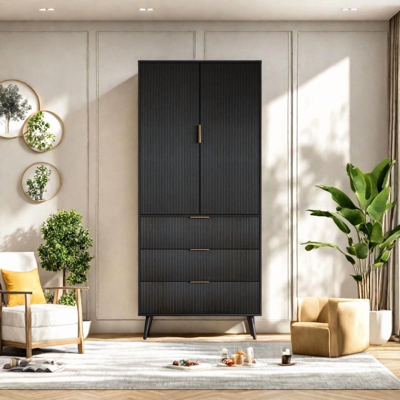 TOPCOMFY Modern Pantry Cabinet with 3 Drawers 2 Doors, Kitchen Storage Cupboard for Organization with Adjustable Shelves & Fluted Panel Design-Black