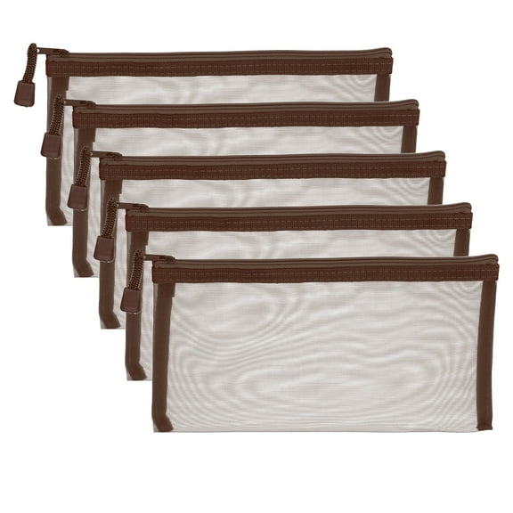 B6 Mesh Zipper Pouch Bags, 5 PCS Mesh Bags with Zipper Plastic Storage Pocket for Organizing File Beads Office Home Supplies, 11.5x23cm, Brown