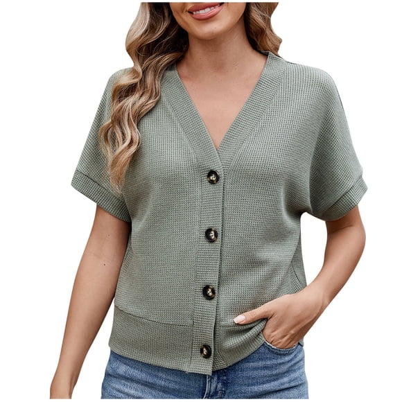SwiftWear Women's Loose Tops Short Sleeve V Neck Waffle Knit Tunic Blouse Tie Front Button Up T Shirts