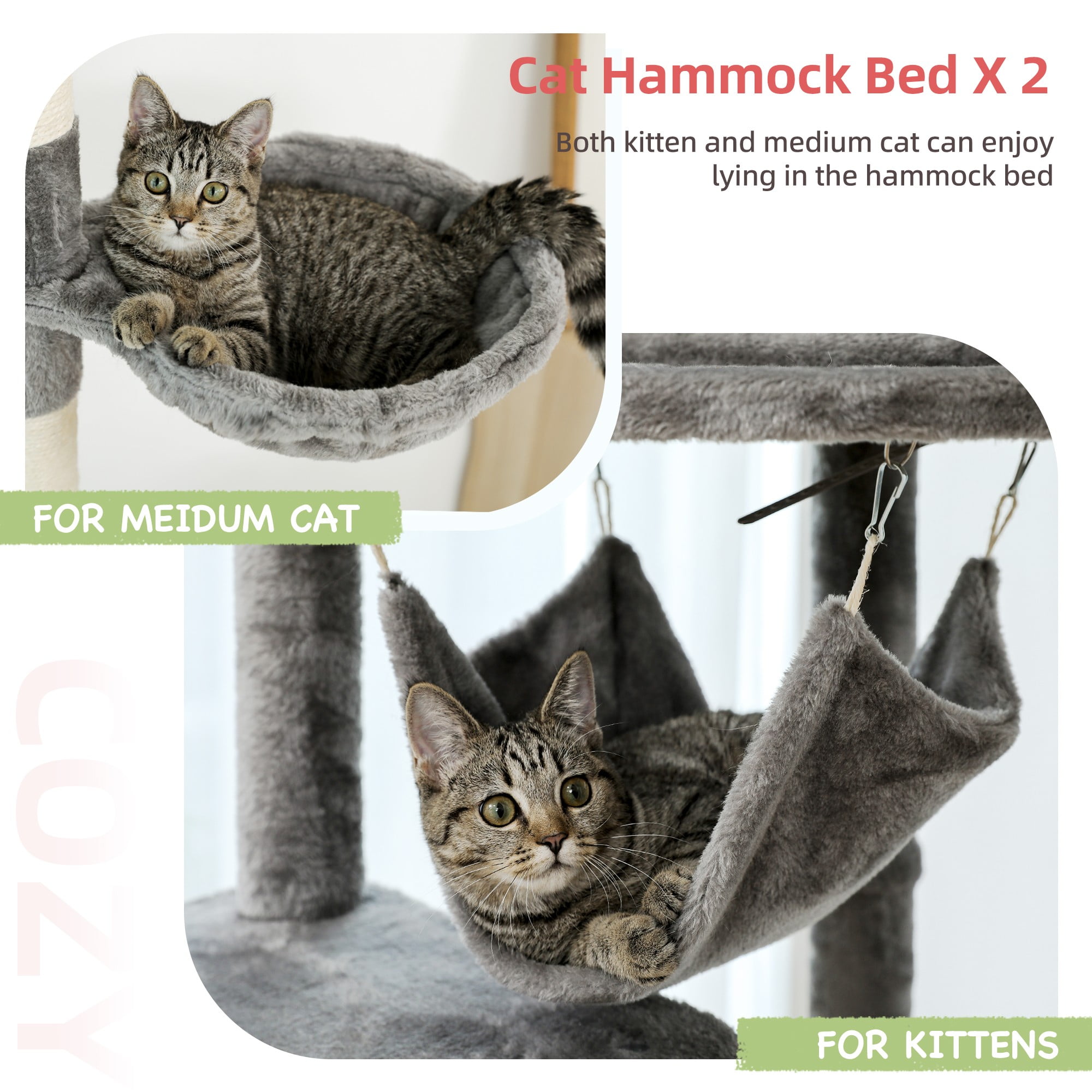 resenkos Floor to Ceiling Cat Tree for Indoor 92"-101" Height Adjustable Cat Tower, Kitty Climbing Play House with Cozy Cat Condo, Perches and Hammock, Gray