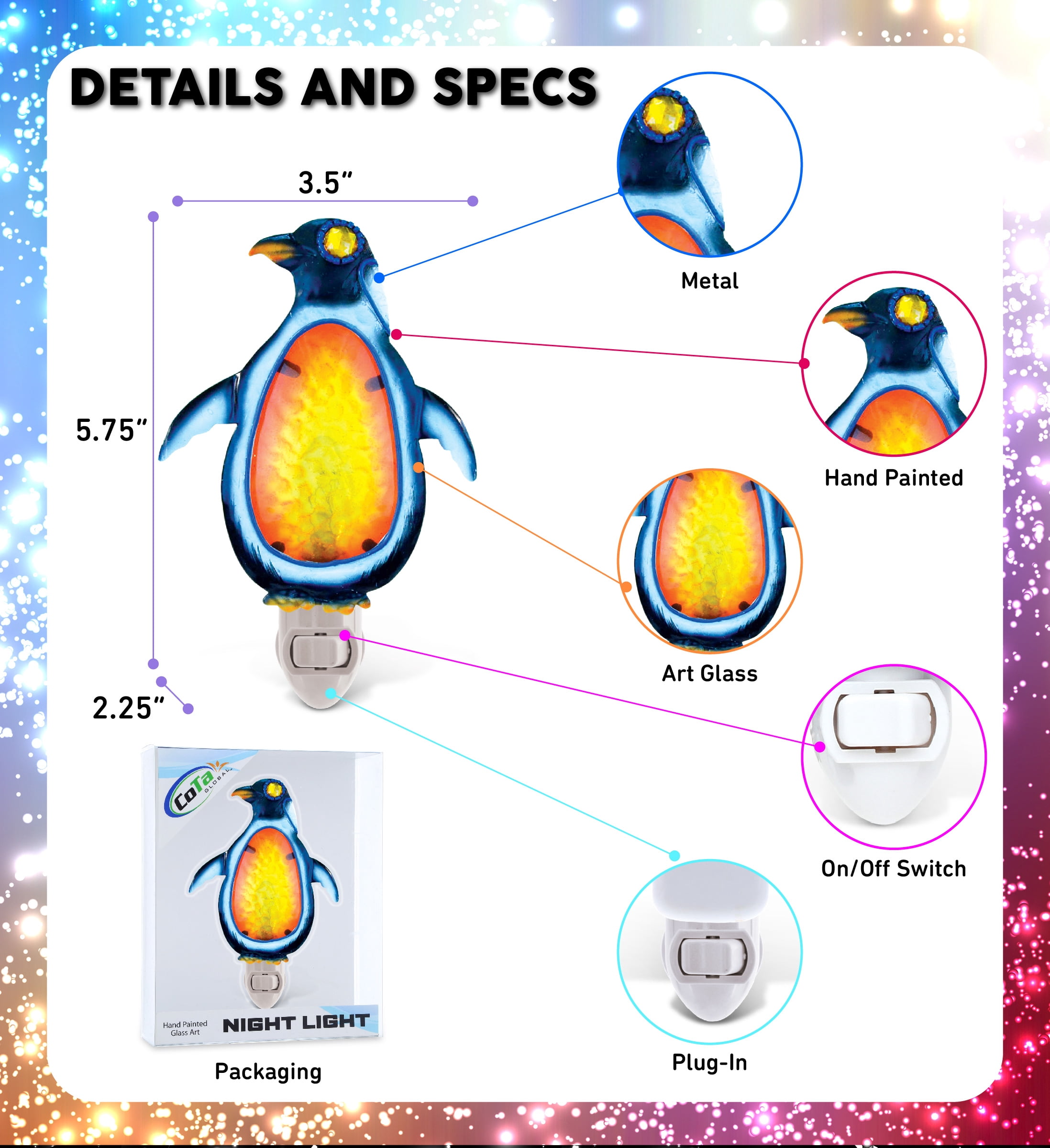 Puzzled Glass Art Night Light Penguin, Plug in Decorative Socket Lamp