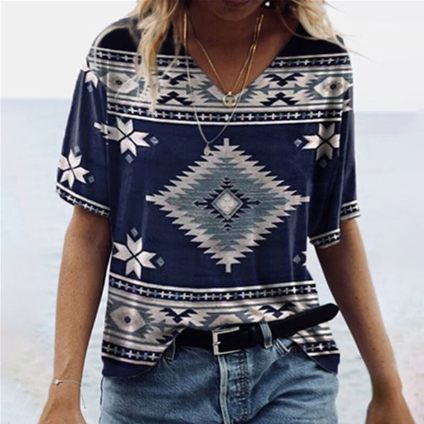 Pntutb Mujeres Casual Retro Occidental Manga Corta Cuello en V Geometría Estampado Étnico Blusa Camiseta tops Pntutb Pntutb-6656