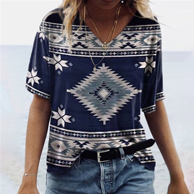 Puntoco Mujeres Casual Retro Occidental Manga Corta Cuello en V Geometría Estampado Étnico Blusa Camiseta tops Puntoco Puntoco-6655