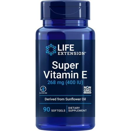 Life Extension Super Vitamin E, 268 mg (400 IU), non-synthetic vitamin E supplement promotes whole-body health, gluten-free, non-GMO, 90 softgels