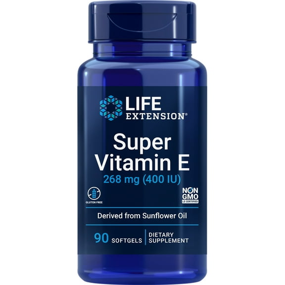 Life Extension Super Vitamin E, 268 mg (400 IU), non-synthetic vitamin E supplement promotes whole-body health, gluten-free, non-GMO, 90 softgels