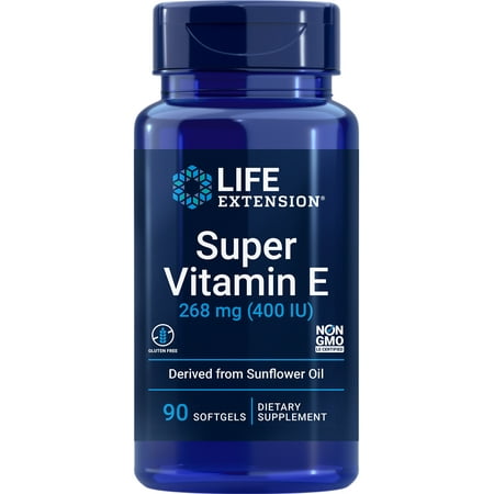 Life Extension Super Vitamin E 268 mg (400 IU) - Non-synthetic vitamin E supplement promotes whole-body health - Gluten-Free Non-GMO - 90 Softgels