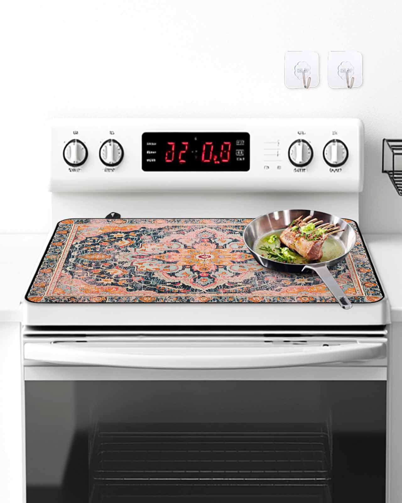 Stove Top Covers for Electric Stove, Pink Orange Blue Glass Stovetop Cover Protector, Ethnic Middle Century Geometric Art Induction Cooktop Protector Oven Mat for Kitchen Countertop 24"x21"